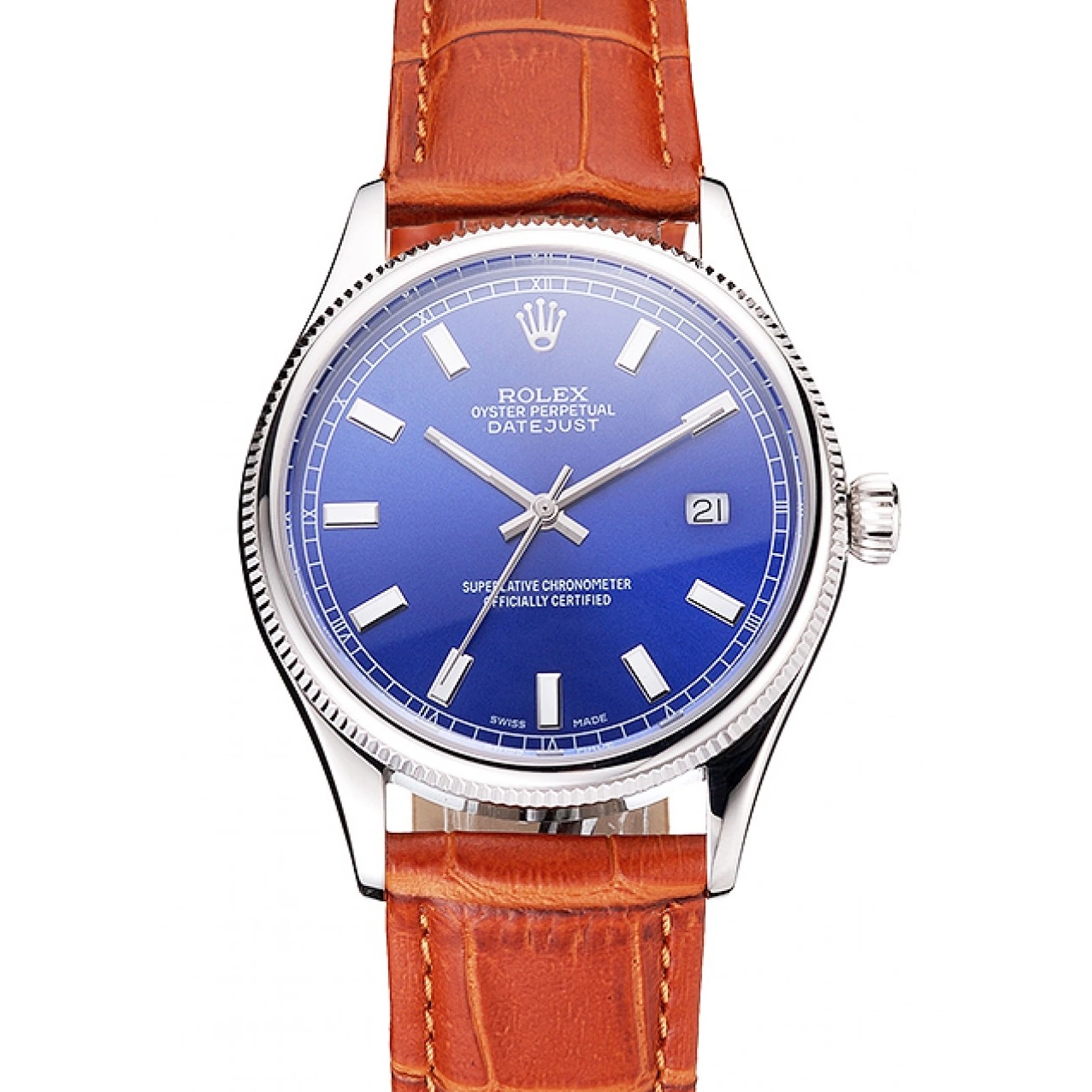 Aaa replica watch Leather Dial Datejust Blue Case Steel Swiss Stainless Light Brown Strap Rolex 0719